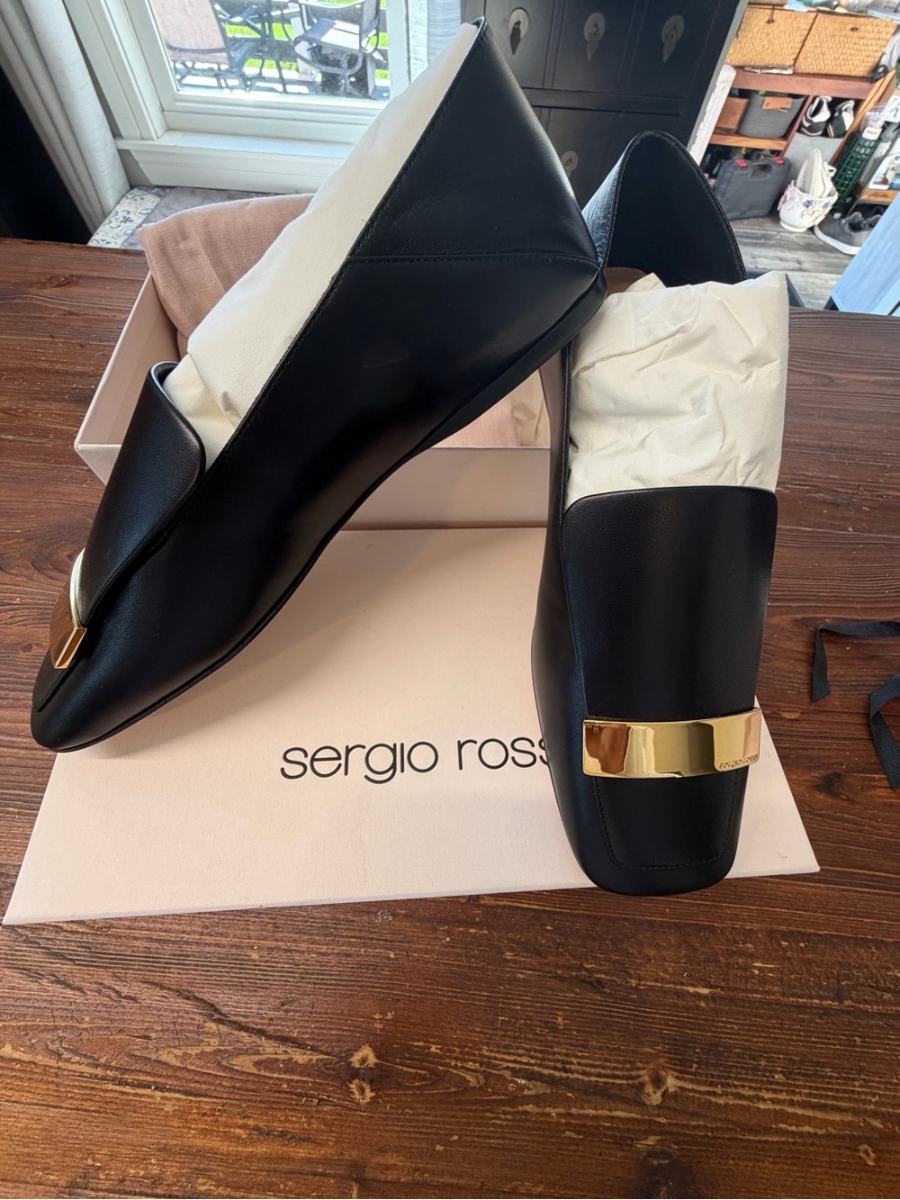 Sergio Rossi Black Leather Loafers with Gold Accent